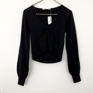 Black Gathered V-neck Crop Sweater